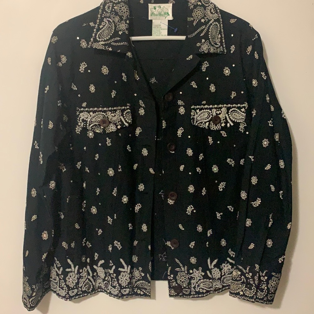 Beads and Sequins Jacket; Black and Bone print. Button front and cuffs.